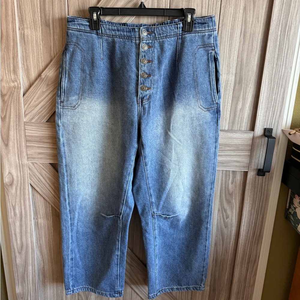 Talulah Denim blue barrel jeans.